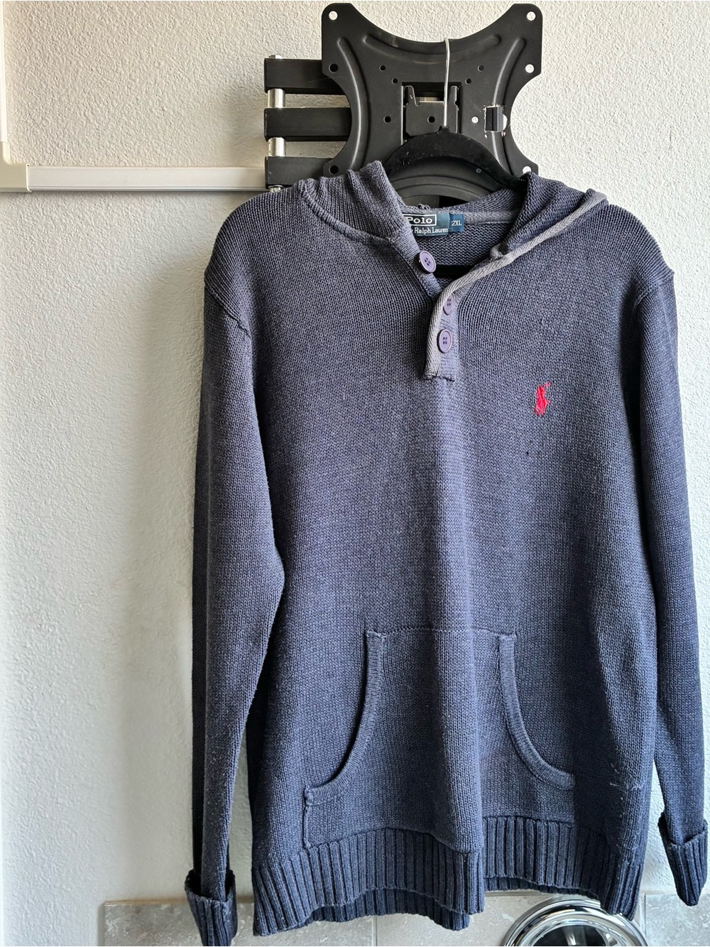 Polo Ralph Lauren Navy Knit Henley Hoodie with Red Pony size 2XL